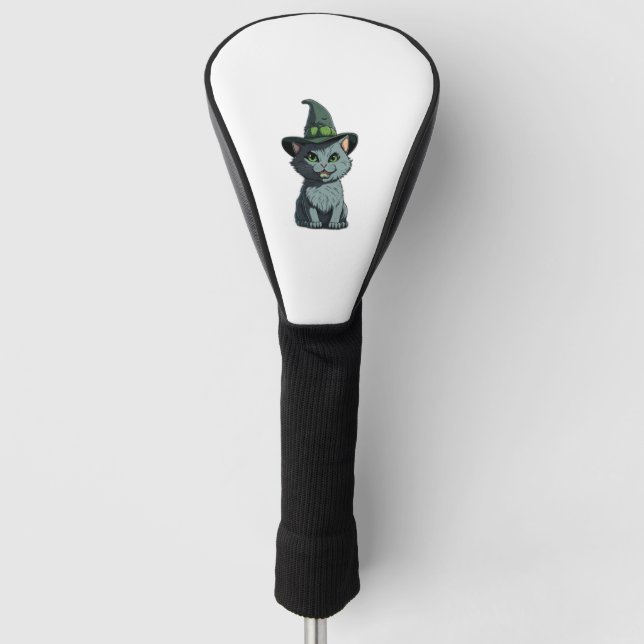 Whimsical Kitty Cute Grey Cat with Green Eyes and  Golf Head Cover (Front)