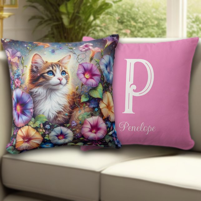 Whimsical Kitty Flower Garden Custom Monogram Cushion (Creator Uploaded)