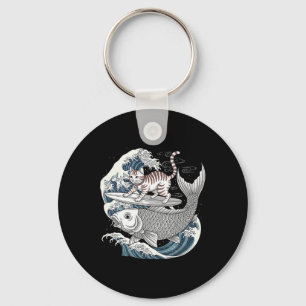 Whimsical Kitty Surfing Koi Fish Japanese Wave Oce Key Ring
