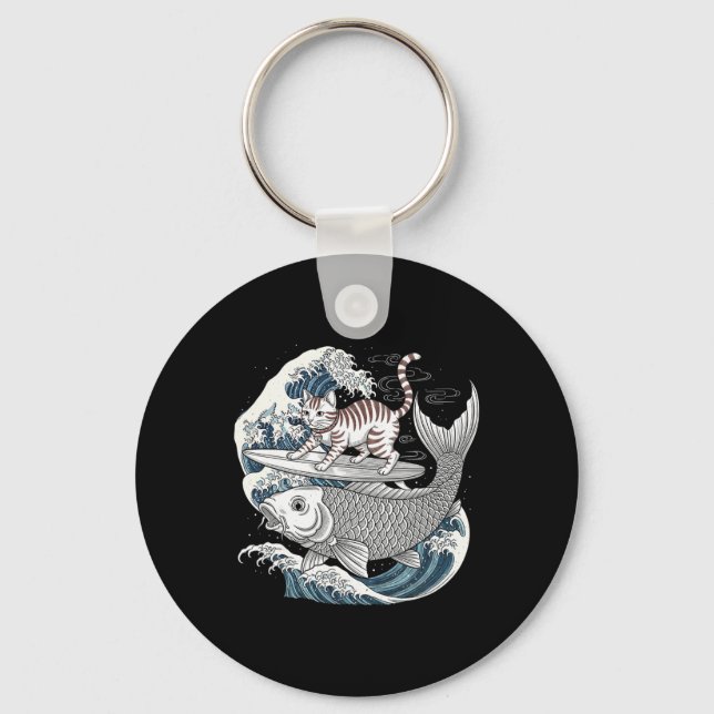 Whimsical Kitty Surfing Koi Fish Japanese Wave Oce Key Ring (Front)