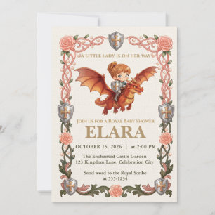 Whimsical Knight Girl and Dragon Baby Shower Invitation