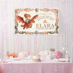 Whimsical Knight Girl and Dragon First Birthday Banner
