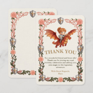Whimsical Knight Girl and Dragon First Birthday Thank You Card