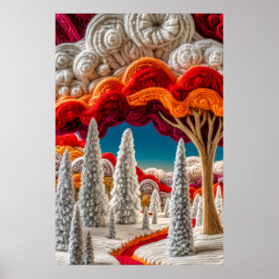 Whimsical Knitted Winter Forest Colourful Clouds Poster