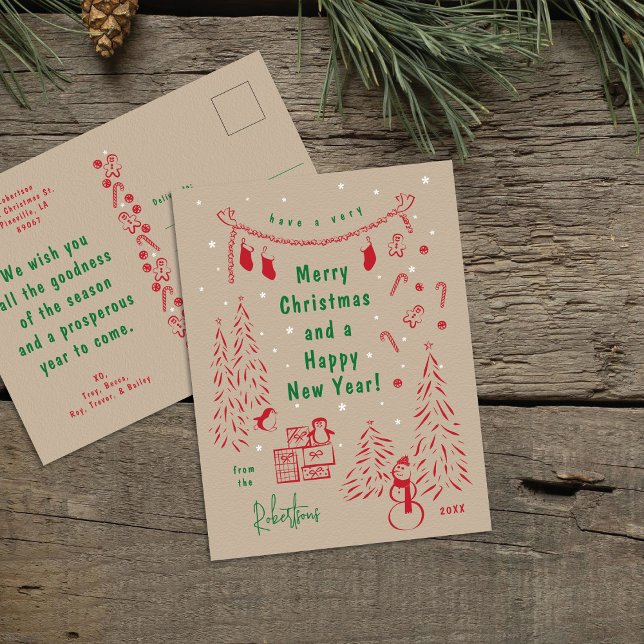 Whimsical Kraft Paper Christmas Scene Postcard (Creator Uploaded)