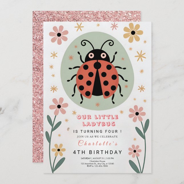 Whimsical Ladybug Birthday Invitation (Front/Back)