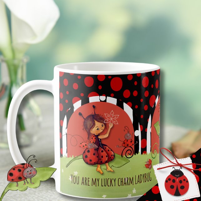 Whimsical Ladybug Garden "Lucky Charm" Wrap-Around Coffee Mug (Whimsical Ladybug Garden Lucky Charm Wrap-Around Coffee Mug)