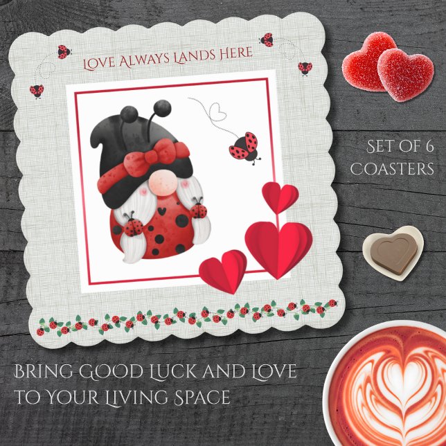 Whimsical Ladybug Love Always Lands Here Gnome Paper Coaster (Bring good luck and love to your living space with this utterly charming Ladybug Gnome coaster set)