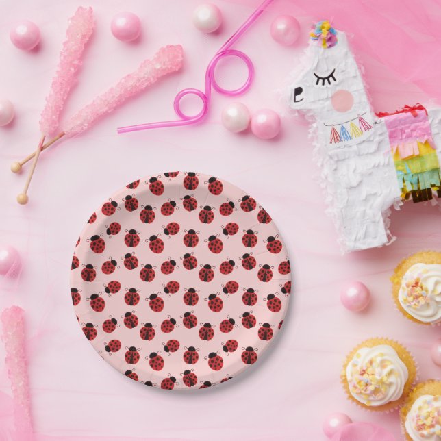 Whimsical Ladybug Pattern on Pink Paper Plate (Party)