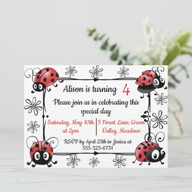Whimsical Ladybugs Birthday Invitation (Standing Front)