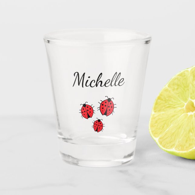 Whimsical Ladybugs Illustration Cute Personalised  Shot Glass (Front)