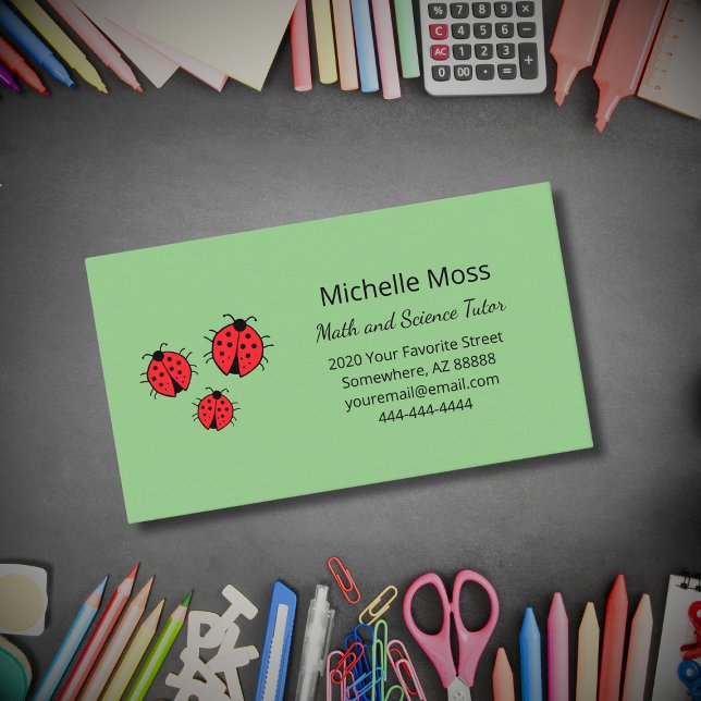 Whimsical Ladybugs Professional Educator Green  Business Card (Creator Uploaded)
