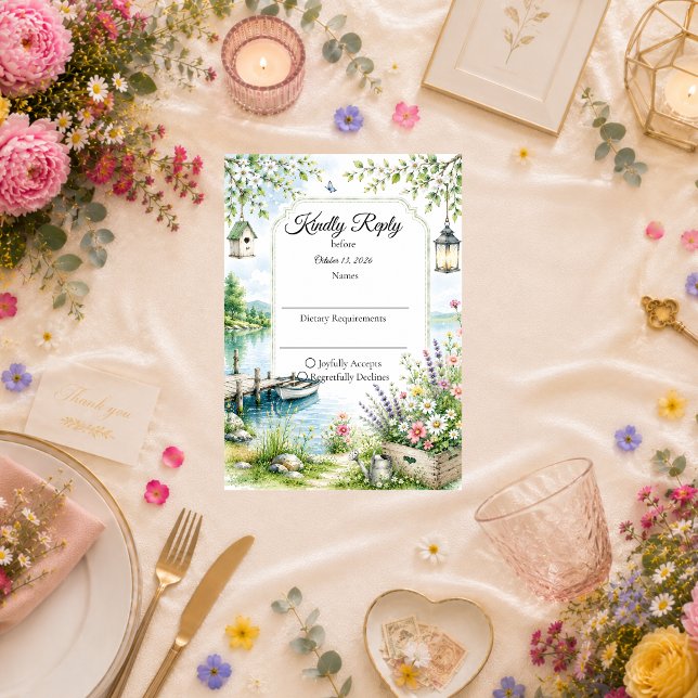 Whimsical Lakeside Cottage Romance Wedding RSVP Card (Creator Uploaded)