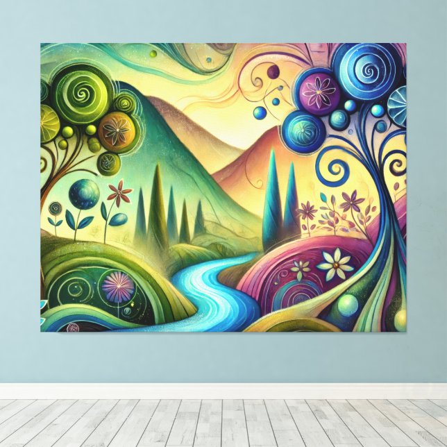 Whimsical Landscape with Swirling Trees and River Canvas Print (Insitu(Wood Floor))