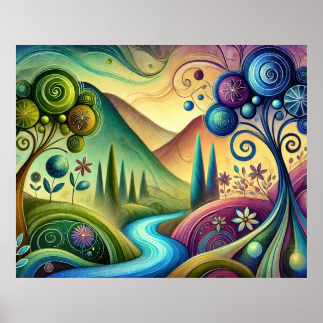 Whimsical Landscape with Swirling Trees and River Poster (Front)