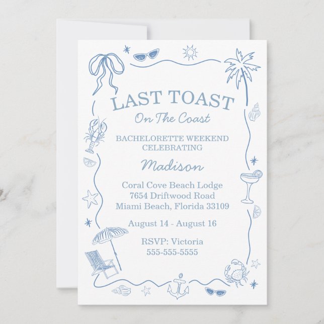 Whimsical Last Toast On The Coast Blue Invitation (Front)