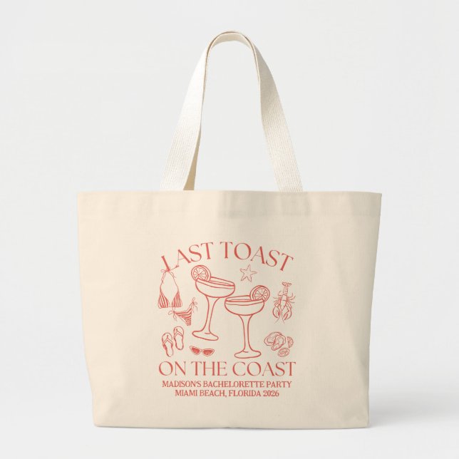 Whimsical Last Toast On The Coast Coral Large Tote Bag (Front)