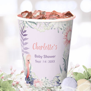 Whimsical Lavender Floral Bird Baby Shower Paper Cups