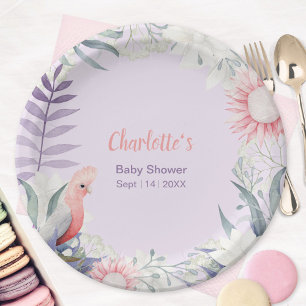 Whimsical Lavender Floral Bird Baby Shower Paper Plate