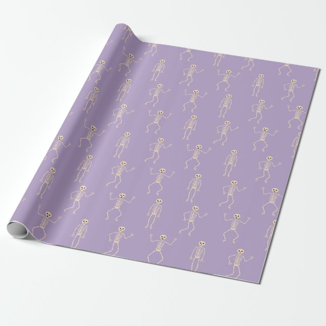 Whimsical Lavender Halloween Dancing Skeletons Wrapping Paper (Unrolled)