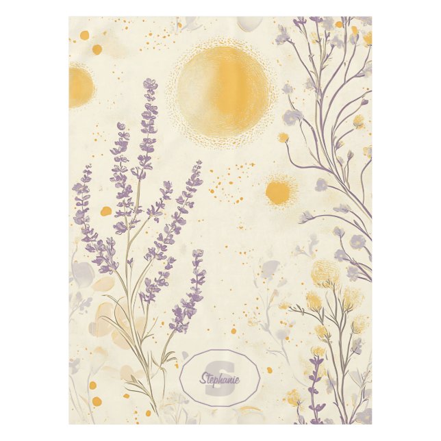 Whimsical Lavender & Yellow Floral Pattern Tablecloth (Front)