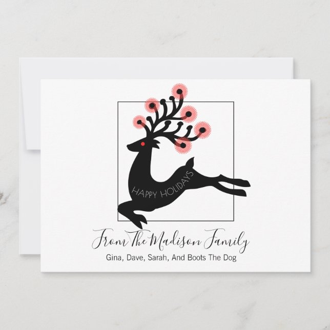 Whimsical Leaping Reindeer Silhouette White Holiday Card (Front)