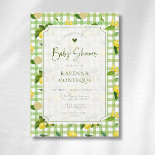 Whimsical Lemon Citrus Green Chequered Baby Shower Invitation