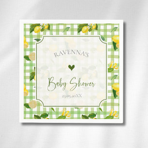 Whimsical Lemon Citrus Green Chequered Baby Shower Napkin