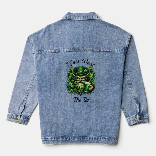 Whimsical Leprechaun Drinking A Frothy Beer Denim Jacket (Back)