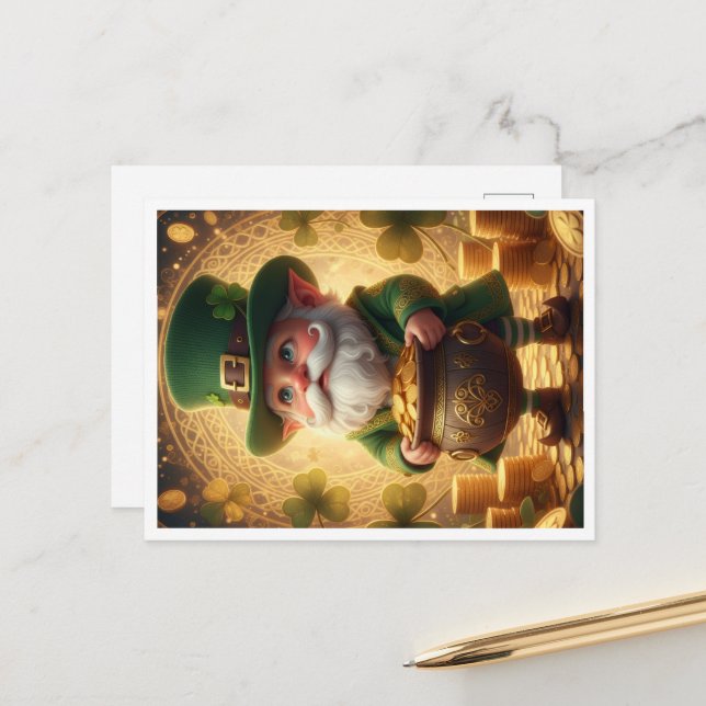Whimsical Leprechaun Pot of Gold Postcard (Front/Back In Situ)
