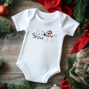 Whimsical Let It Snow Penguin Snowman   Christmas Baby Bodysuit