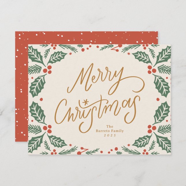 Whimsical Lettered Christmas Holly Holiday Card (Front/Back)