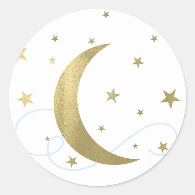Whimsical Light Blue & Gold Moon Stars Baby Shower Classic Round Sticker (Front)