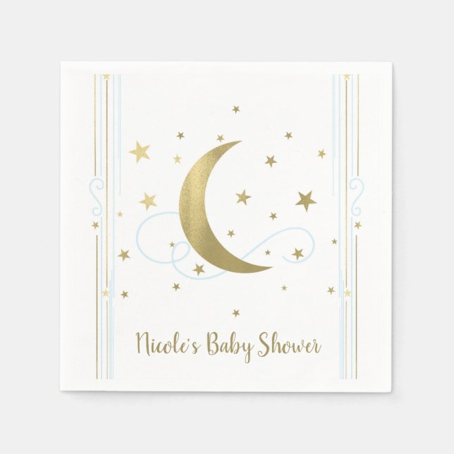 Whimsical Light Blue & Gold Moon Stars Baby Shower Napkin (Front)