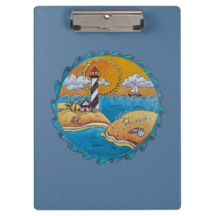 Whimsical Lighthouse Beach Scene Coastal Folk Art Clipboard