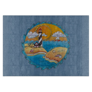 Whimsical Lighthouse Beach Scene Coastal Folk Art Cutting Board