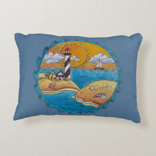 Whimsical Lighthouse Beach Scene Coastal Folk Art Decorative Cushion