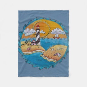 Whimsical Lighthouse Beach Scene Coastal Folk Art Fleece Blanket