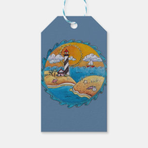 Whimsical Lighthouse Beach Scene Coastal Folk Art Gift Tags