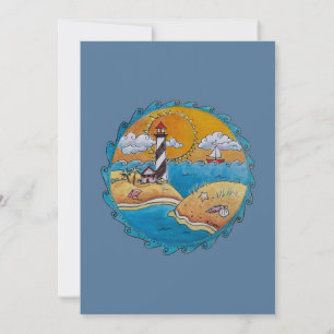 Whimsical Lighthouse Beach Scene Coastal Folk Art Invitation
