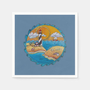 Whimsical Lighthouse Beach Scene Coastal Folk Art Napkin