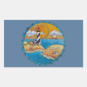 Whimsical Lighthouse Beach Scene Coastal Folk Art  Rectangular Sticker