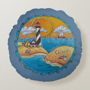 Whimsical Lighthouse Beach Scene Coastal Folk Art Round Cushion