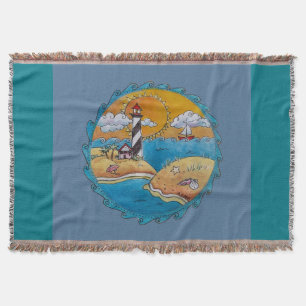 Whimsical Lighthouse Beach Scene Coastal Folk Art  Throw Blanket