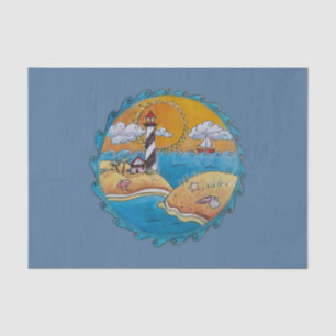 Whimsical Lighthouse Beach Scene Coastal Folk Art  Tissue Paper