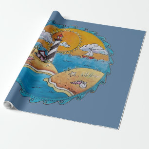Whimsical Lighthouse Beach Scene Coastal Folk Art Wrapping Paper