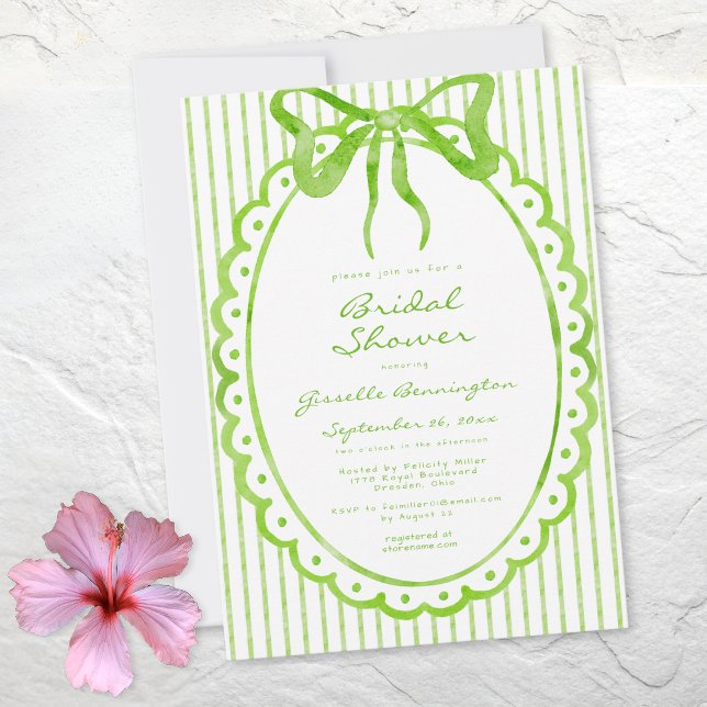 Whimsical Lime Watercolor Bow Stripe Bridal Shower Invitation (Whimsical Lime Watercolor Bow Stripe Bridal Shower Invitation)