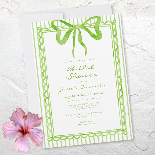 Whimsical Lime Watercolor Bow Stripe Bridal Shower Invitation (Whimsical Lime Watercolor Bow Stripe Bridal Shower Invitation)