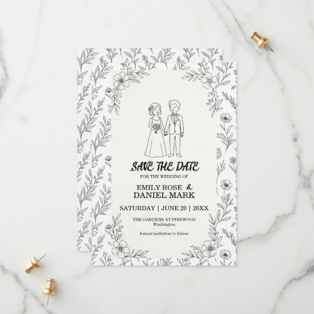 Whimsical Line Art Floral Save the Date (Front/Back In Situ)