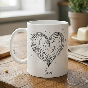 Whimsical Line Art Heart with Love Design Coffee Mug